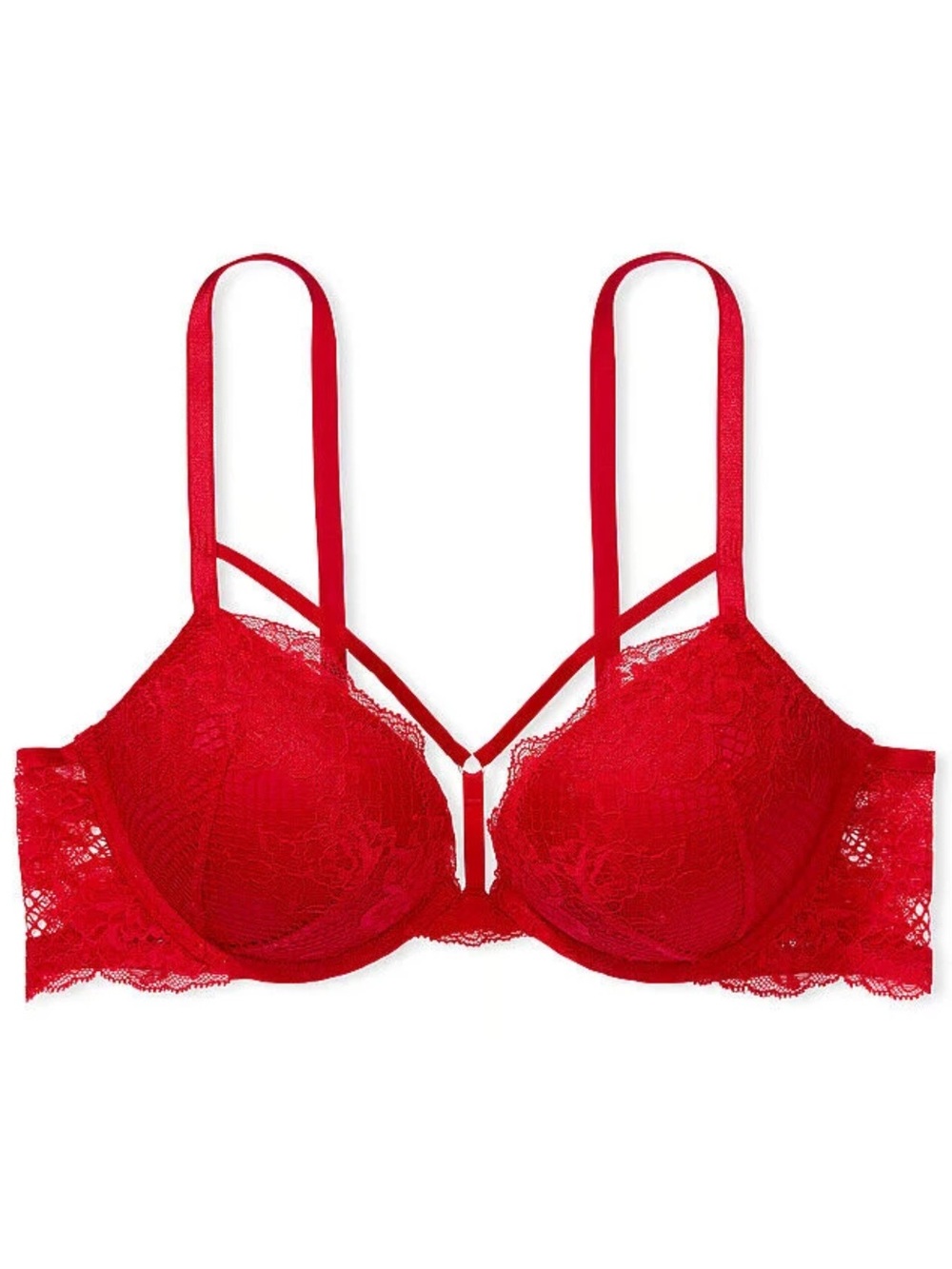 Victoria’s Secret Bombshell Plunge Lipstick Red Lace Strappy Push Up Bra 38C